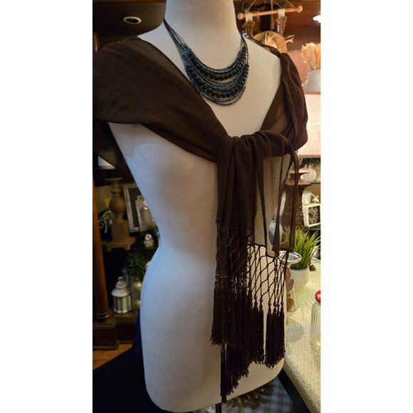 Sheer brown polyester scarf with Fringe. - Picture 1 of 3